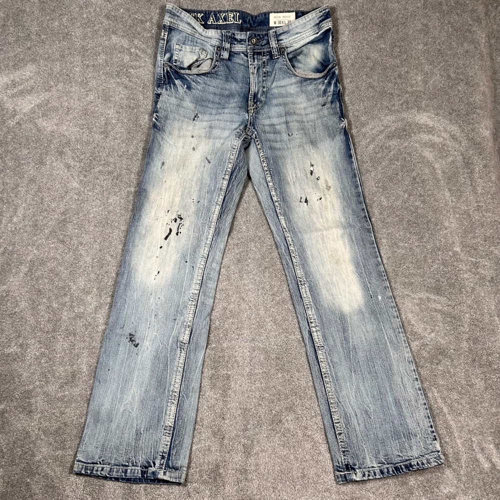 TK Axel Slim Boot Jeans Distressed Paint Splatter Western Mens 31x32